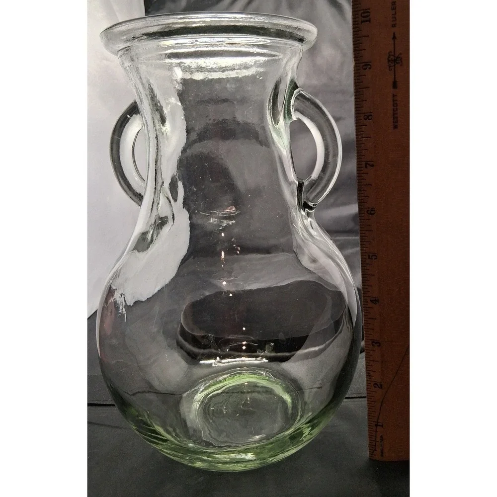 Vintage Hand Blown Clear Glass Amphora Vase Two Handles 10 Inch Rustic Decor